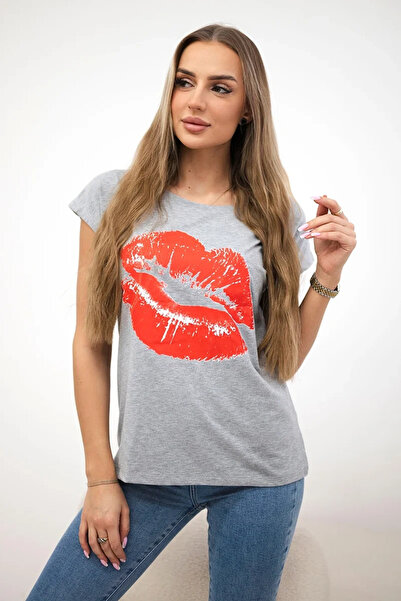 Kesi Tricou gri cu mânecă scurtă și imprimeu cu buze, top casual de vară
