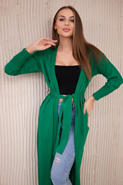 Kesi Cardigan lung verde, legat în talie
