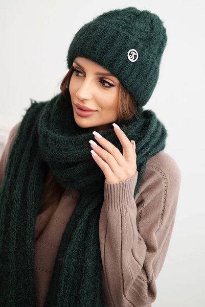 Kesi Set de pălărie și eșarfă pentru femei, reiat, cu ornament, verde închis