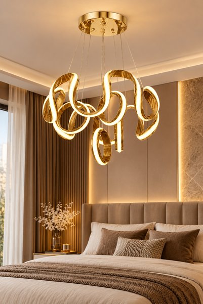 Ulucam Aydınlatma Çizgili Maksi 4 Halka Gold 3 Renk LED Avize Modern Salon Ay...