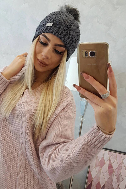 Kesi Căciulă călduroasă de iarnă pentru femei, grafit, cu pompon.