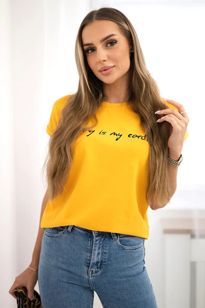 Kesi Tricou galben muștar cu mânecă scurtă și imprimeu  "Shopping is My Cardio "