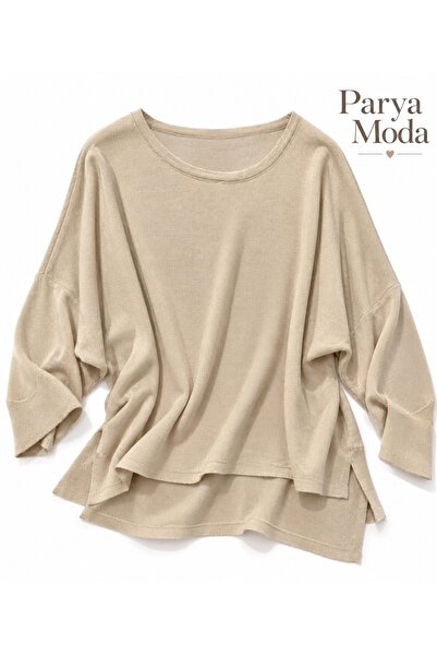 Kadın Oversize Bisiklet Yaka Basic Triko Bluz – Siyah & Krem – Standart Beden