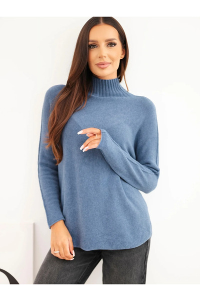 Kesi Pulover de damă din denim, cu guler înalt, din viscoză, cu mânecă lungă