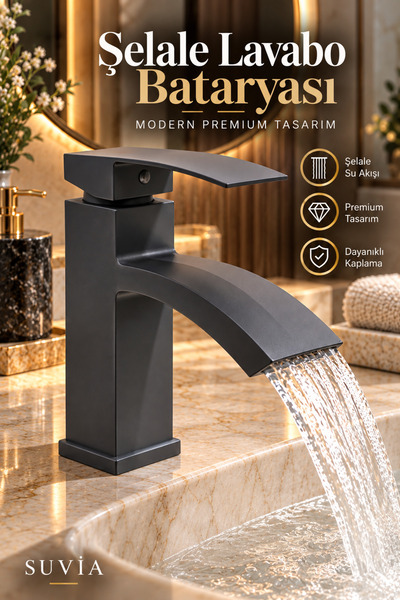 SUVİA Şelale Lavabo Bataryası Antrasit Banyo Bataryası Modern Lavabo Musluğu ...