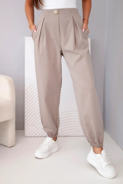 Kesi Pantaloni de damă din bumbac cu talie înaltă și nasture decorativ fango
