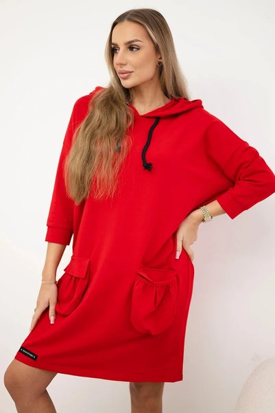 Kesi Rochie casual roșie cu glugă și buzunare frontale, din amestec moale de ...