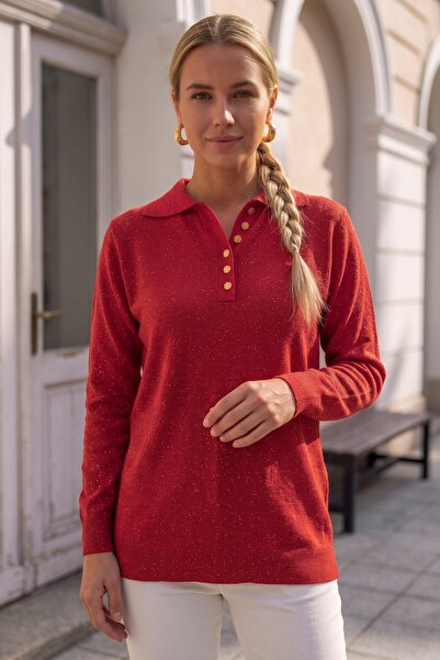 Chiccy Red Polo Collar Long Sleeve Metal Buttoned Thin Sequined Hem Ribbed Ca...