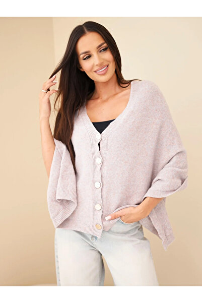 Kesi Poncho pulover bej melanj, din amestec de baby alpaca, fără mâneci, cu n...