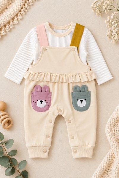 METEOR BABY طقم بناتي - طقم أطفال - طقم سالوبيت بتفاصيل كشكشة وجيوب (قطعة علو...
