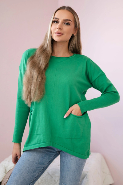 Kesi Pulover verde deschis cu buzunar frontal, moale, călduros, tricotat casual