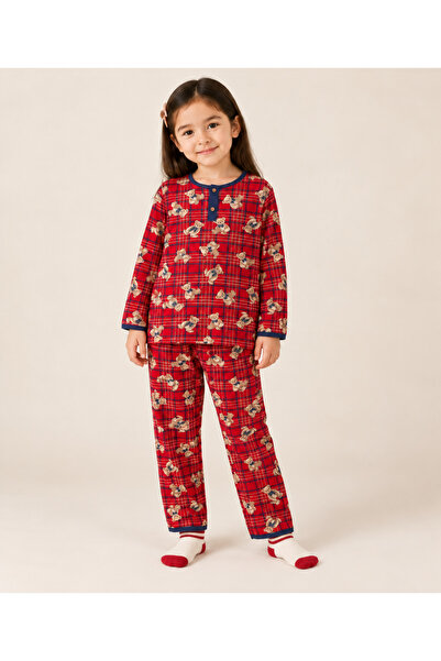 Genel Markalar Kız Çocuk Ekose Ayıcık Desenli Yakası Düğmeli İkili Pijama Takımı