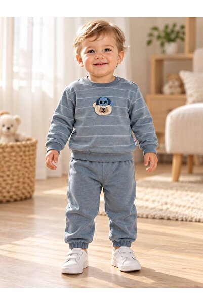 Erkek Bebek Alt Üst Takım 2’li Ayıcık Figürlü Çizgili Sweatshirt ve Pantolon Mavi