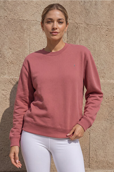Kadın Pudra Bisiklet Yaka Basic Pamuklu Sweatshirt
