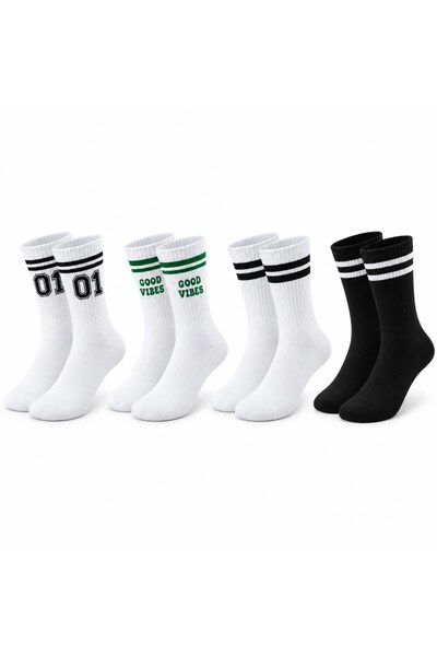 Şerife Hanım Unisex Socks Striped Set of 4 07 Good Vibes Printed Black White ...