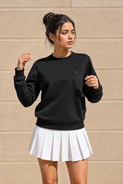 Kadın Siyah Bisiklet Yaka Basic Pamuklu Sweatshirt