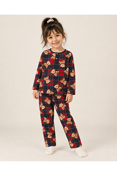 Genel Markalar Kız Çocuk Ekose Ayıcık Desenli Yakası Düğmeli İkili Pijama Takımı