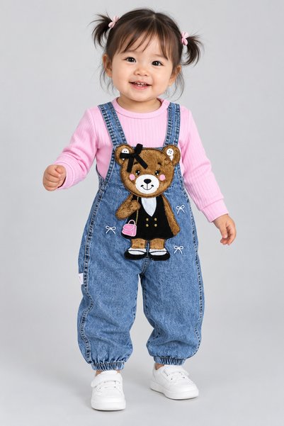 caddekids Kız Bebek Kot Salopet Takım Ayıcıklı 2'li Bebek Takımı Uzun Kollu B...
