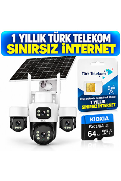 inox x14 Güneş Panelli 4 Kameralı Güvenlik Kamerası 64 GB Hafıza Kartı + 1 Yı...