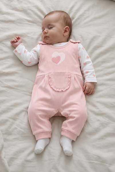 METEOR BABY Baby Girl 3-Piece Set: Heart Patterned Bodysuit + Pocketed Salope...