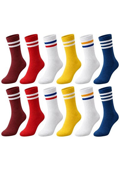 Şerife Hanım Unisex Colorful Socks Striped Set of 12 Long Socks Daily Sports ...