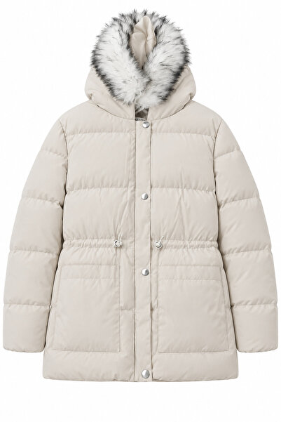 Raben Women's Hooded Fur Detailed Long Puffer Coat with Adjustable Waist.