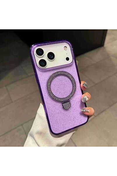 Apple iPhone 13 Uyumlu Mor Shine Simli Standlı M-Safe Premium Kılıf