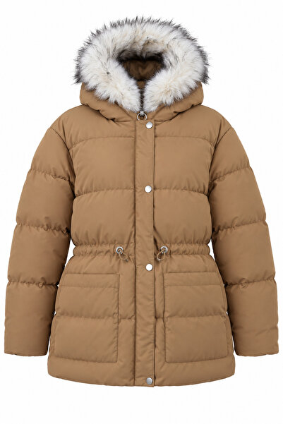 Raben Women's Hooded Fur Detailed Long Puffer Coat with Adjustable Waist.