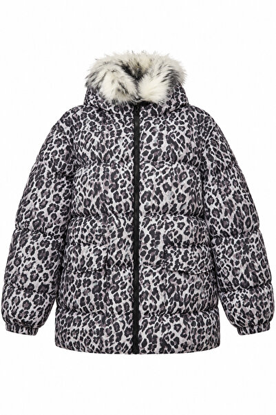 Raben Women's Leopard Patterned Faux Fur Hooded Zippered Inflatable Coat