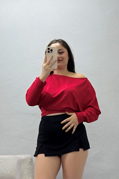 BELENDİR بلوزة نسائية بأكمام طويلة من مودال باللون الأحمر