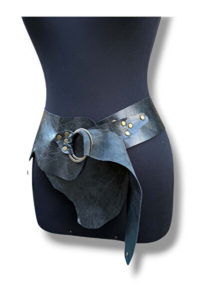 Yılday Gür Butik Women's Black Asymmetrical Cut Studded Detailed Leather Belt - Alba Design Corset Belt - Standard Size