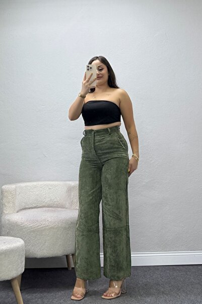 BELENDİR Women's Wide Leg Velvet Trousers Khaki