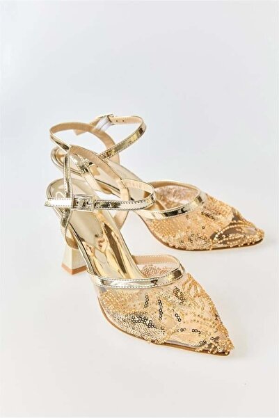 Juuuj Gold Tulle Textured Ankle Strap Sequin and Bead Embellished Practical S...