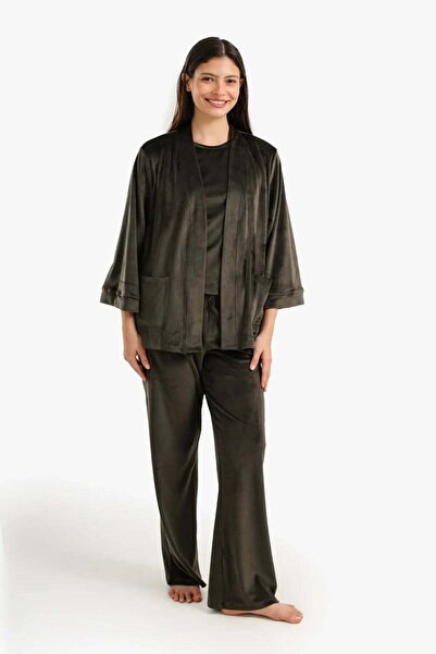 CARINA Karina 3-Piece Velvet Pajama Set-Khaki
