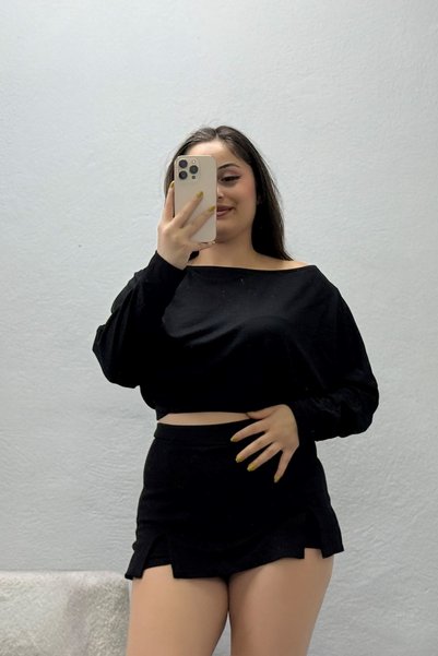 BELENDİR بلوزة نسائية بأكمام طويلة وكتف منخفض باللون الأسود