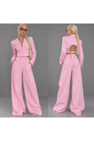 Noasheer Açık pembe crop blazer ceket palazzo pantolon takım sırt detaylı