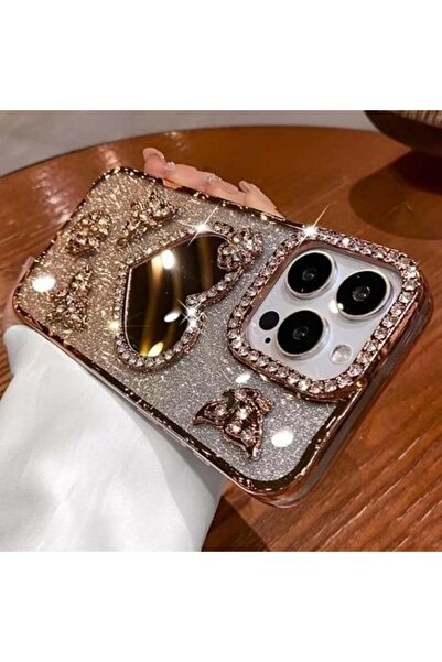 madamcase Apple iPhone 18 Pro Max Uyumlu Altın Aynalı Taşlı simli Butterfly K...