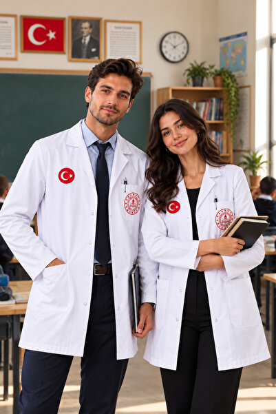 ÇİL TEKSTİL Yeni yönetmeliğe uygun MEB logolu ve Türk bayraklı Öğretmen Önlüğü
