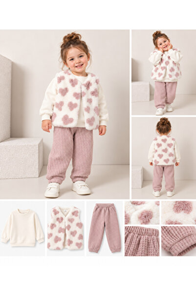 Kız Çocuk Kalp Desenli Peluş Yelek Sweatshirt Pantolon 3'lü Takım