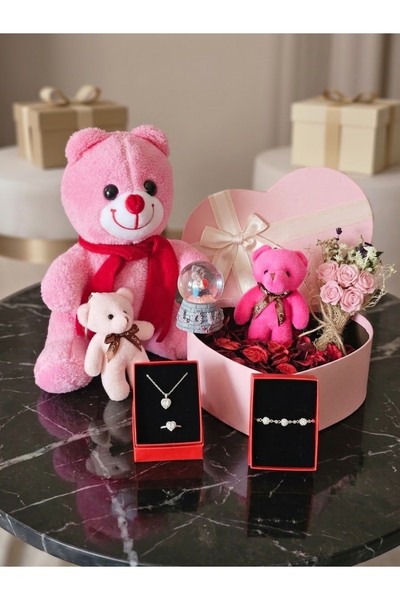 luvelle Sevgiliye Romantik Hediye Seti Kalpli Kutuda Peluş Ayı Kalpli Çelik K...