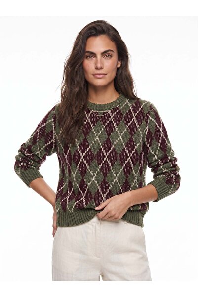 Juuuj Khaki Cotton Viscose Blended Crew Neck Argyle Patterned Cuffed Knitted ...