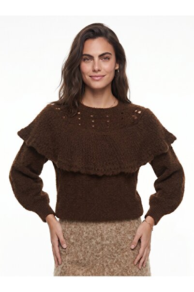 Juuuj Bitter Brown Soft Textured Openwork Detailed Balloon Sleeve Ruffled Rib...