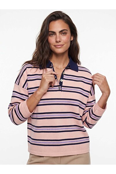 Juuuj Pink Acrylic Fabric Polo Neck Drop Shoulder Standard Fit Striped Patter...