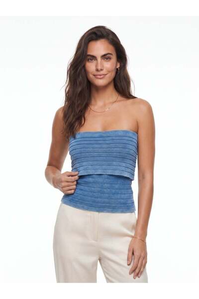 Juuuj Blue Cotton Strapless Collar Sleeveless Ribbed Textured Stone Washed Fo...