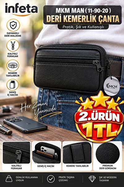 İnfeta Black 19X9X3 cm Men's Leather Look Belt Bag Phone Holder Zippered Wais...