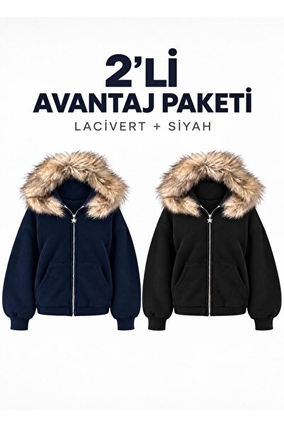 nathia outdoors 2-Piece Hooded Fur Detailed Basic Vorteks Women's Cardigan