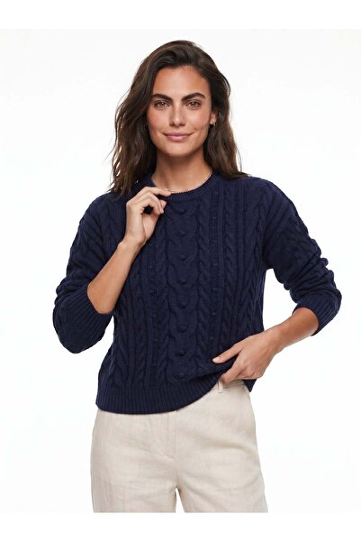 Juuuj Navy Blue Acrylic Blended Crew Neck Long Sleeve Hair Knit Patterned Sta...