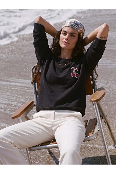 Juuuj Hanorac negru din bumbac, cu guler tip crewneck, cu trei fire, brodat c...