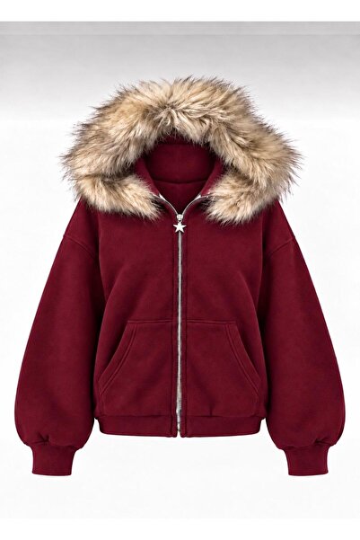 nathia outdoors Kapüşonlu Kürk Detaylı Basic Vorteks Kadın Hırka