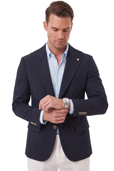 DeepSEA Erkek Slim Fit Likralı Lacivert Blazer Ceket – Gofre Dokulu Esnek Çift Düğmeli Spor Ceket 2600813